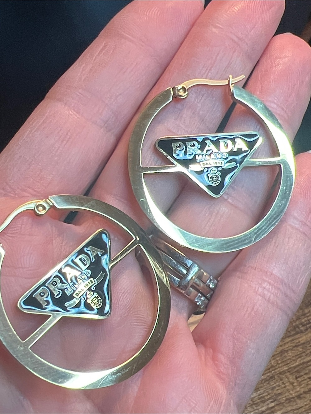 Up Cycled Gold Hoop Earrings with Black Logo Triangle